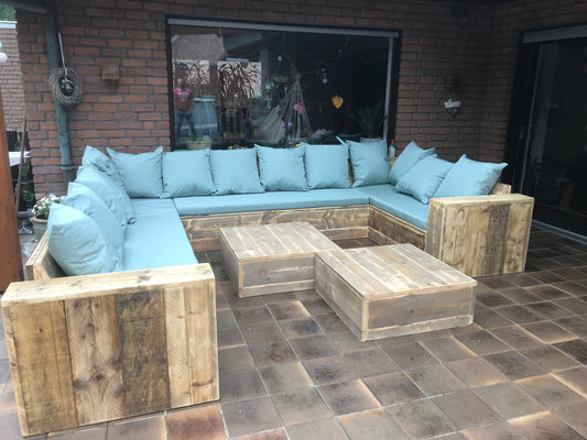 Steigerhouten hoekbank U-vorm met kussens voor tuin en terras op maat — foto 3