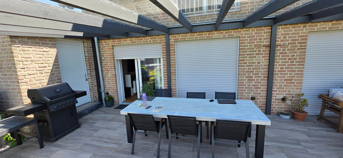Steigerhouten industriële eettafel met N-poot stalen onderstel op maat — foto 3