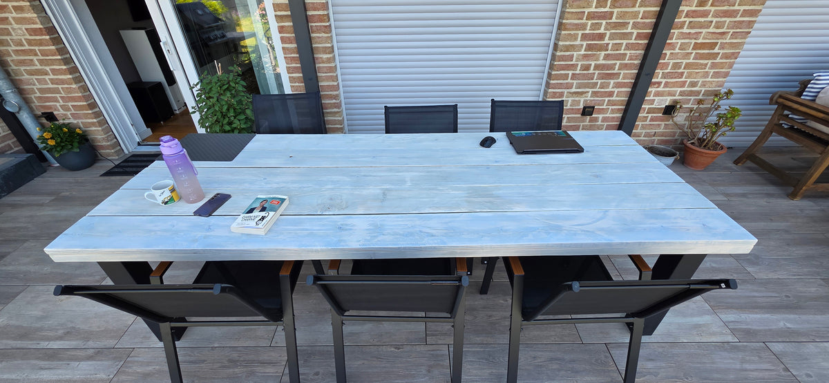 Steigerhouten industriële eettafel met N-poot stalen onderstel op maat — foto 2